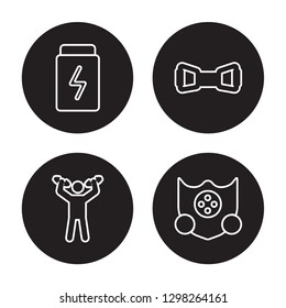 4 linear vector icon set : Fitness, Exercise, Exercise bands, Elevation mask isolated on black background, Fitness, Exercise, Exercise bands, Elevation mask outline icons