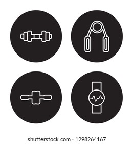 4 linear vector icon set : Gym, fitness Wheel, Grip, fitness Watch isolated on black background, Gym, fitness Wheel, Grip, fitness Watch outline icons