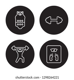 4 linear vector icon set : Women Fitness Clothing, Weightlifting, Weights, Weight scale isolated on black background, Women Fitness Clothing, Weightlifting, Weights, Weight scale outline icons