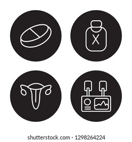 4 linear vector icon set : Drugs, Gynecology, Desinfectant, Defibrillator isolated on black background, Drugs, Gynecology, Desinfectant, Defibrillator outline icons