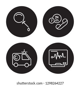 4 linear vector icon set : Enema, Emergency, Emergency Call, Electrocardiogram isolated on black background, Enema, Emergency, Emergency Call, Electrocardiogram outline icons