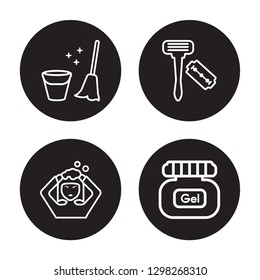 4 linear vector icon set : Towel, Razor, Sanitary, Hair washing isolated on black background, Towel, Razor, Sanitary, Hair washing outline icons