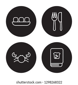 4 linear vector icon set : Dim sum, Crab, Cutlery, Cookbook isolated on black background, Dim sum, Crab, Cutlery, Cookbook outline icons