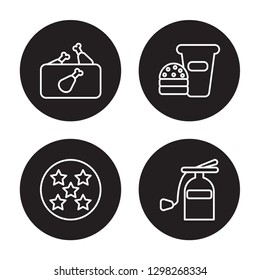 4 linear vector icon set : Fried chicken, Five stars, Food, Extinguisher isolated on black background, Fried chicken, Five stars, Food, Extinguisher outline icons