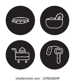 4 linear vector icon set : Sandwich, Room service, Salad, Room key isolated on black background, Sandwich, Room service, Salad, Room key outline icons