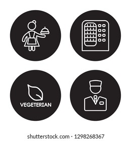 4 linear vector icon set : Waitress, Vegetarian, Vending machine, Valet isolated on black background, Waitress, Vegetarian, Vending machine, Valet outline icons