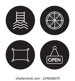 4 linear vector icon set : Pool, Pillow, Pizza, Open isolated on black background, Pool, Pillow, Pizza, Open outline icons