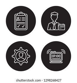 4 linear vector icon set : Approved, Appearance, Appointment, Alarm isolated on black background, Approved, Appearance, Appointment, Alarm outline icons