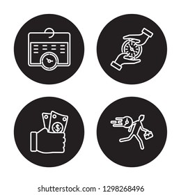 4 linear vector icon set : Schedule, Salary, Save time, Rush isolated on black background, Schedule, Salary, Save time, Rush outline icons