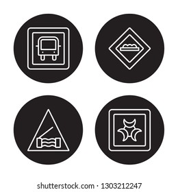 4 linear vector icon set : Bus stop, Bridge road, Bump, Biological hazard isolated on black background 
