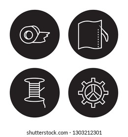 4 linear vector icon set : Tape, Spool of thread, Stiching, Spokes isolated on black background 