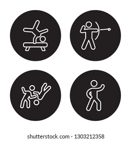 4 linear vector icon set : artistic gymnastics, aikido, Archery, aerobics isolated on black background 