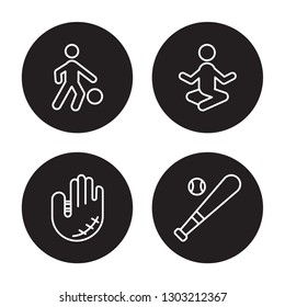 4 linear vector icon set : Basketball, Baseball glove, Yoga, Baseball bat isolated on black background 