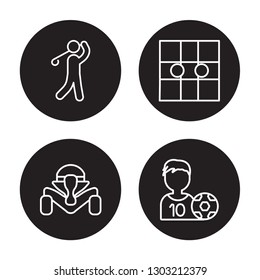 4 linear vector icon set : Golf,   racing, Go game, Football player isolated on black background 