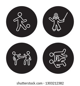 4 linear vector icon set : kickball, Karate, kendo, judo isolated on black background, 