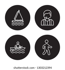 4 linear vector icon set : Sailboat sport, Rafting, Referee, racewalking isolated on black background