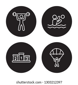 4 linear vector icon set : powerlifting, Podium, polo sport, Parachute isolated on black background 