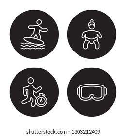 4 linear vector icon set : Surf, sprint, sumo, Sport Goggles isolated on black background 
