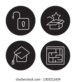 4 linear vector icon set : Open padlock, Mortarboard, New product, Maze isolated on black background 