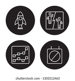 4 linear vector icon set : Rocket, Rise, Rivalry, Restrict isolated on black background, 