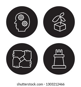 4 linear vector icon set : startup Head, Solidarity, Startup, Rook isolated on black background 