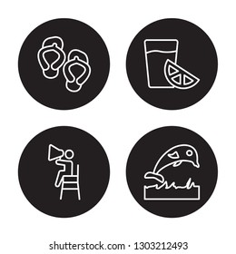 4 linear vector icon set : Pair of flip flops, Life guard, Lime juice, Jumping Dolphin isolated on black background 