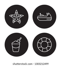 4 linear vector icon set : Sea star, Sand bucket and shovel, Sea scooter, Rubber ring isolated on black background 