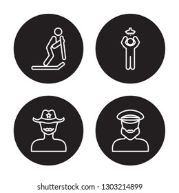 4 linear vector icon set : Skiing person, Sheriff face, Showering, Sailor face isolated on black background, 
