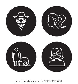 4 linear vector icon set : Zorro face, Woman Sweeping, Woman with ponytail face isolated on black background 
