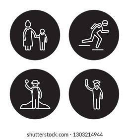 4 linear vector icon set : Baby sitter, Archeologist, athlete, Actor isolated on black background 