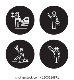 4 linear vector icon set : Mechanic, Maid, Manager, Mafia isolated on black background, 