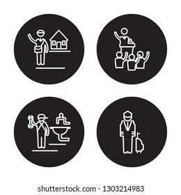 4 linear vector icon set : Postman, Plumber, Politician, Pilot isolated on black background 