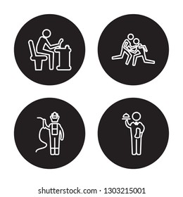 4 linear vector icon set : Writer, Welder, Wrestling, Waiter isolated on black background 