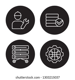 4 linear vector icon set : Developer, Data storage, Database, Cyberspace isolated on black background 