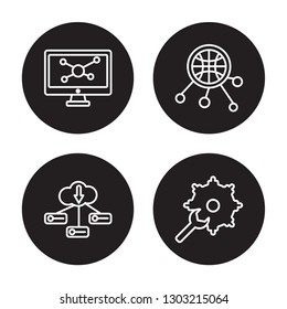 4 linear vector icon set : Simulation, Server, Sharing, Seo Tools isolated on black background 