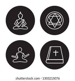 4 linear vector icon set : Buddha, Zen, blasphemy, Bible isolated on black background 