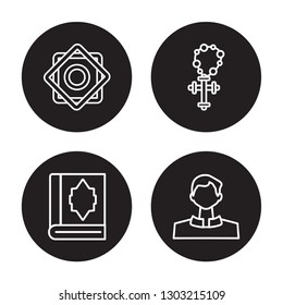 4 linear vector icon set : Rub el Hizb, Quran, Rosary, Priest isolated on black background 