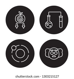 4 linear vector icon set : Gravity, Electron, Experiment, scientist isolated on black background 