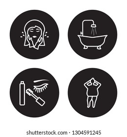 4 linear vector icon set : face towel, douche, face washer, dolled up isolated on black background, face towel, douche, face washer, dolled up outline icons