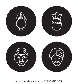 4 linear vector icon set : Turkey, Kathakali, Kumbh kalash, indian Man isolated on black background, Turkey, Kathakali, Kumbh kalash, indian Man outline icons