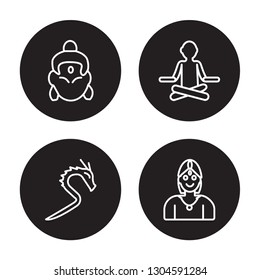 4 linear vector icon set : Krishna, Kali, Guru, Chandra isolated on black background, Krishna, Kali, Guru, Chandra outline icons