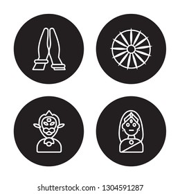 4 linear vector icon set : India Mother, Hanuman, Ashoka, Gnostic isolated on black background, India Mother, Hanuman, Ashoka, Gnostic outline icons