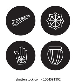 4 linear vector icon set : Shehnai, Karma, Dharma, Tablas isolated on black background, Shehnai, Karma, Dharma, Tablas outline icons