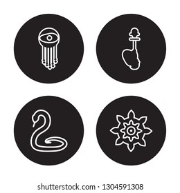 4 linear vector icon set : Indian, Cobra, Hookah, Chakra isolated on black background, Indian, Cobra, Hookah, Chakra outline icons