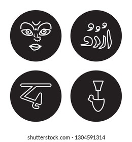 4 linear vector icon set : navratri, bengali language, urdu, yakshagana isolated on black background, navratri, bengali language, urdu, yakshagana outline icons
