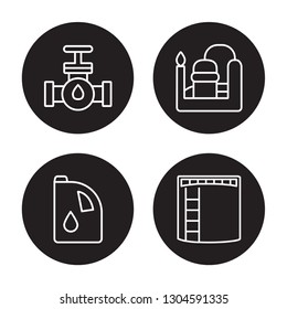 4 linear vector icon set : petrol Pipe, Oil, Refinery, storage Tank isolated on black background, petrol Pipe, Oil, Refinery, storage Tank outline icons