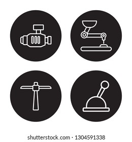 4 linear vector icon set : Pump, Pick, Pushcart, Lever isolated on black background, Pump, Pick, Pushcart, Lever outline icons