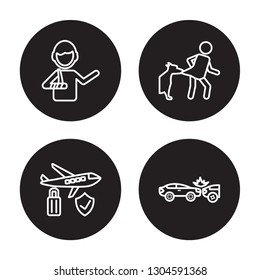 4 linear vector icon set : Broken arm, Air travel insurance, Bite, Accident isolated on black background, Broken arm, Air travel insurance, Bite, Accident outline icons