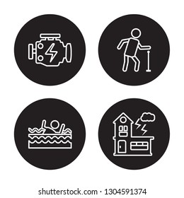 4 linear vector icon set : Engine problems, Drown, Elderly, Disaster isolated on black background, Engine problems, Drown, Elderly, Disaster outline icons
