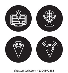 4 linear vector icon set : Globe, Geolocalization, Gift shop Location, Geo Cordinates isolated on black background, Globe, Geolocalization, Gift shop Location, Geo Cordinates outline icons